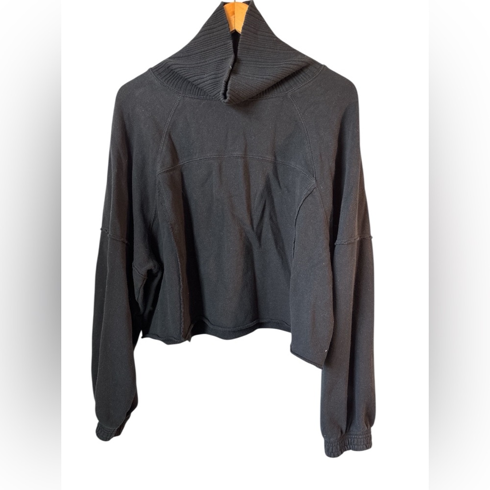 Aerie Mock Neck Cropped Sweatshirt Black Large Oversized Cozy Sporty Athleisure